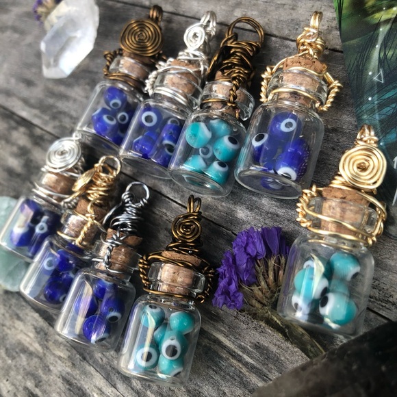 Evil Eye Protection Bottle Necklace Wire Wrapped - in Titanium Wire - Picture 9 of 10